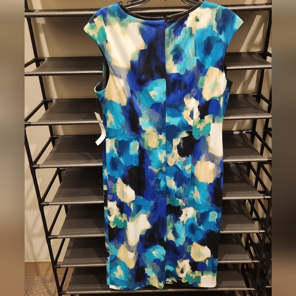 NWT London Times Abstract Floral Vibrant Blue and White Shift Midi Dress - Picture 4 of 5